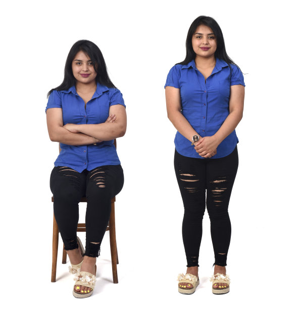 正面和侧面的相同的女人在白色背景图片下载