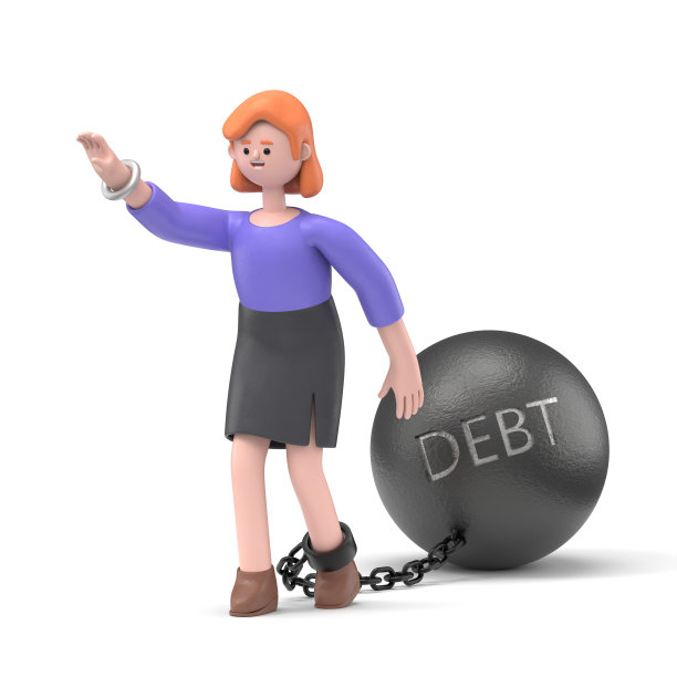 3D插图微笑的欧洲女商人艾伦拖着他的债务。白色背景的3D渲染。图片下载