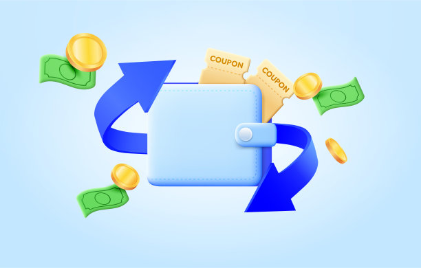 蓝色钱包，优惠券，代金券和金币与美元标志在蓝色背景。网上购物的现金返还和退款。退款和数字支付的概念。矢量图图片下载