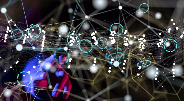 3D插图的全球网络区块链与手指敲击图片下载