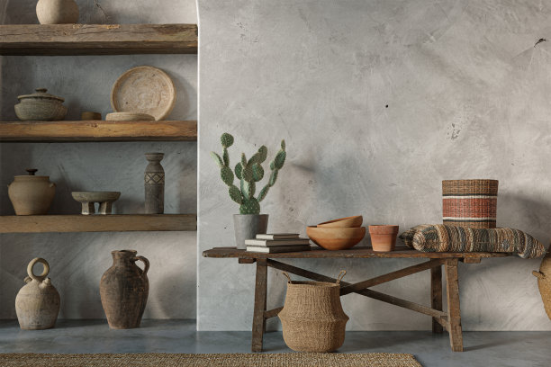 瓦比萨比室内设计的拱形墙背景。墙壁模型概念，3d渲染图片下载