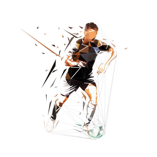 足球运动员跑与球，低多边形足球运动员，孤立的矢量剪影。三角形的几何绘图。前视图图片下载