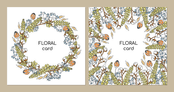 贺卡模板极简的线条艺术风格。花牛膝花，羊膝花，棉花，变形花，绣球花。可编辑的行。矢量插图。矢量图图片下载