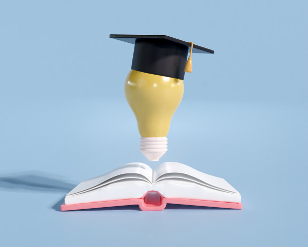 灯泡上3d渲染毕业帽。学习学校和知识。大学毕业观念。学位帽，铅笔和书。打开书新的想法。3d渲染插画的最小风格。图片下载