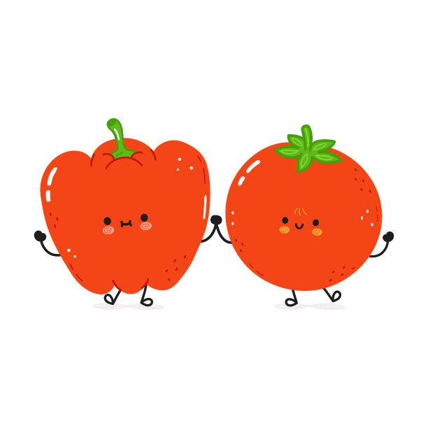 红辣椒番茄卡。矢量手绘涂鸦风格卡通人物插画图标设计。快乐红椒番茄朋友概念卡图片下载
