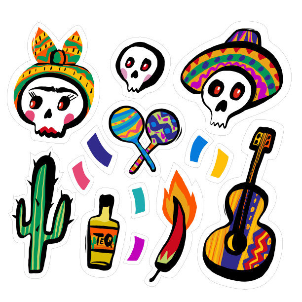 一套贴有节日符号的亡灵节贴纸图片下载