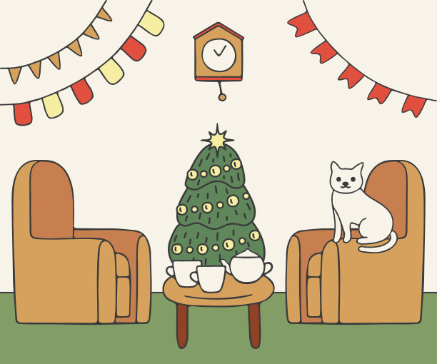 房子客厅，猫坐在扶手椅上和圣诞树，室内装饰圣诞假期。房子里面长着云杉。寒假贺卡。矢量图图片下载