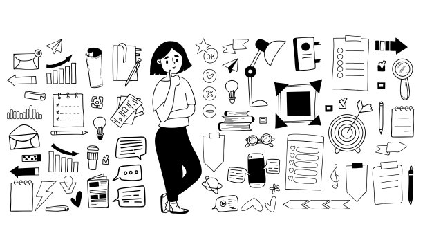 大矢量集金融和商业偶像于一体。沉思的女孩，纸和文件，信息图表，目标，在线信息，标志，箭头，战略和成功。孤立的线性手写涂鸦。图片下载
