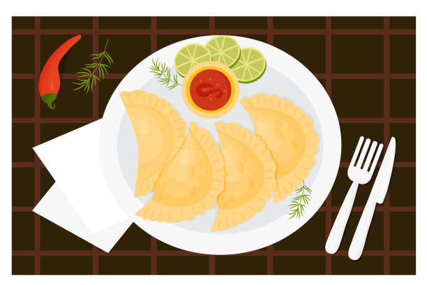 墨西哥肉馅卷饼配沙司，青柠片和辣椒。从上面看上菜。传统流行的墨西哥食物。矢量插图的拉丁美洲国家的菜肴。图片下载