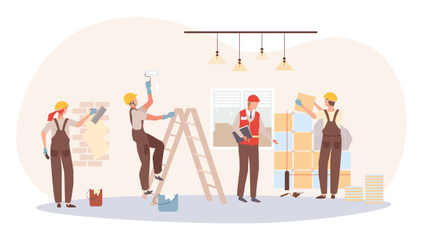 一群建设者人物修葺室内设计，专业建设者固定家居装饰平面矢量插画，孤立于白色之上。图片下载