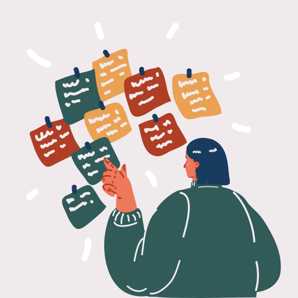 矢量插图的妇女看挂和固定的纸笔记与鼓舞人心的短语。后视图片下载