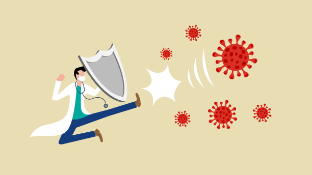 戴着医用口罩的男医生用脚踢病毒颗粒，护盾矢量卡通插画图片下载