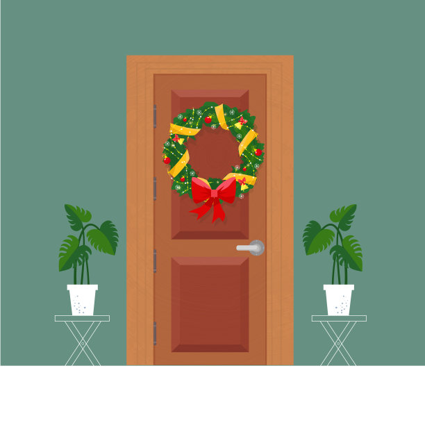 门。传统圣诞门与圣诞花环概念在平面设计。圣诞快乐，新年快乐。冬天的假期。图片下载
