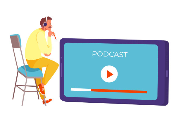 男主角坐在椅子上听在线音频现代播客，智能手机应用平面矢量插画，白色隔离。图片下载