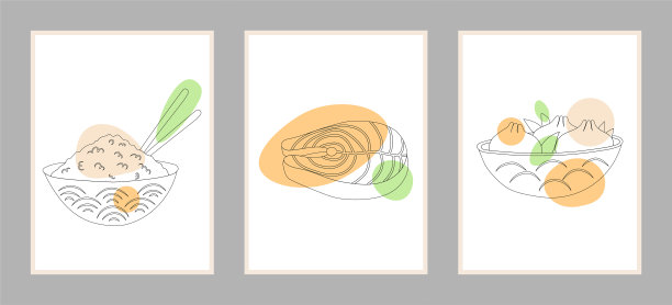 一套印有亚洲美食的海报，包括米饭、三文鱼排和点心图片下载