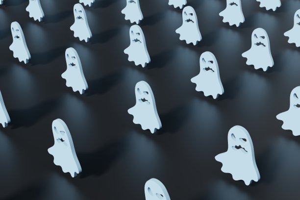 3d渲染在黑色背景上的浅蓝色幽灵轮廓。现代创意3d万圣节插画。时髦的万圣节3d背景概念图片下载