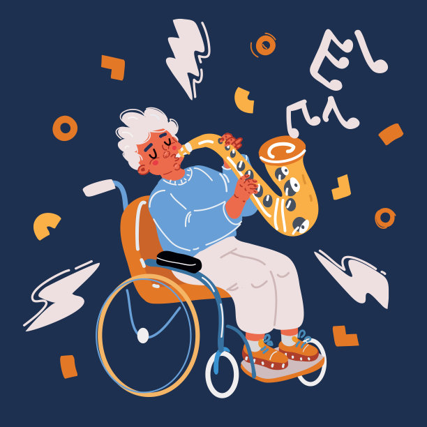 一个坐在轮椅上的特殊儿童在操场上愉快地玩着乐器的卡通矢量插画。生活在教育年龄的孩子。图片下载