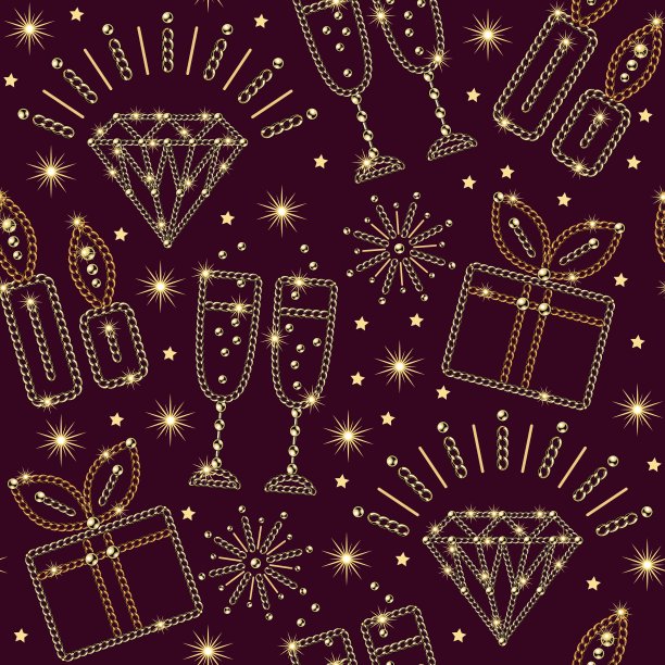 无缝模式的礼品盒，钻石，香槟杯，蜡烛制成的珠宝金链，闪亮的珠子图片下载