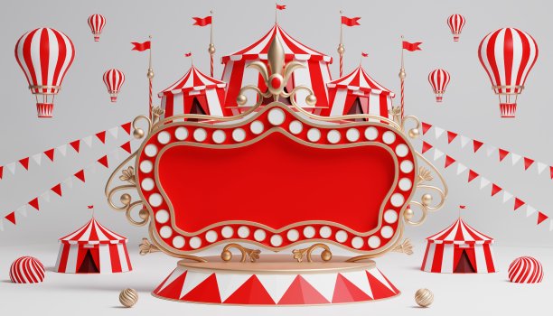 3d嘉年华领奖台与许多游乐设施和商店马戏团帐篷3d插图图片下载