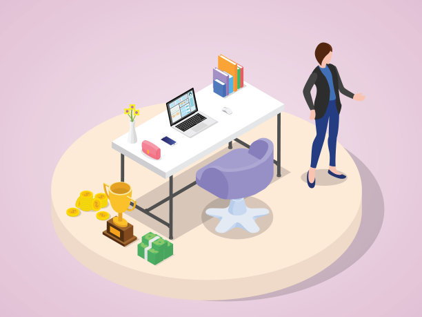 职业女商人成功的角色职业的成功穿着西装站在工作的笔记本电脑包智能手机书花瓶在桌子上钱硬币奖杯等长三维平面卡通风格图片下载