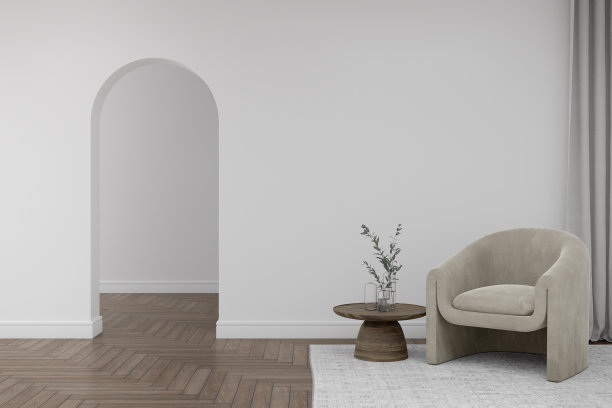 空白墙，扶手椅和地毯在木地板上。图片下载