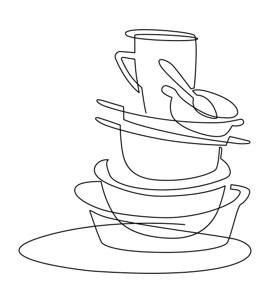 一堆没洗的盘子。厨房桌子上的静物。连续画线。矢量图图片下载