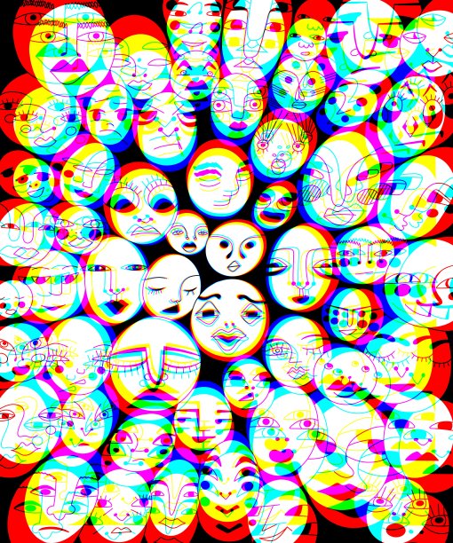许多极简的人头，有着不同的面部表情和情绪。不同的面孔，个性的概念，霓虹的效果图片下载