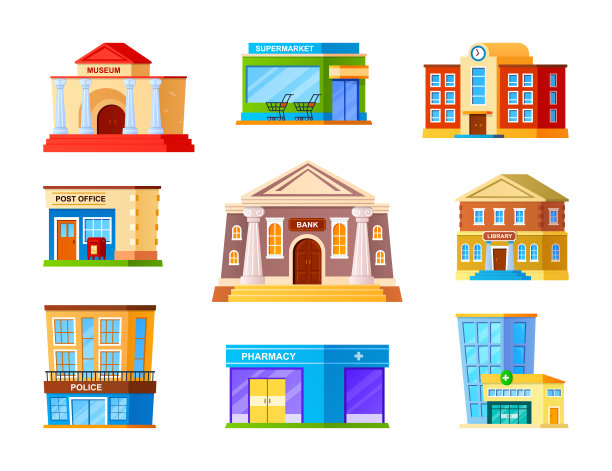 城市建筑和建筑物-平面设计风格对象集图片下载