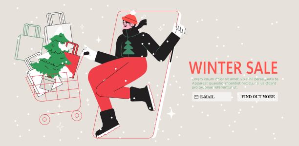 女性推着购物车在网上商店或移动应用商店购买礼物、圣诞树、礼物。销售的概念，折扣网页横幅，广告或社交媒体和电子邮件。圣诞节市场。图片下载