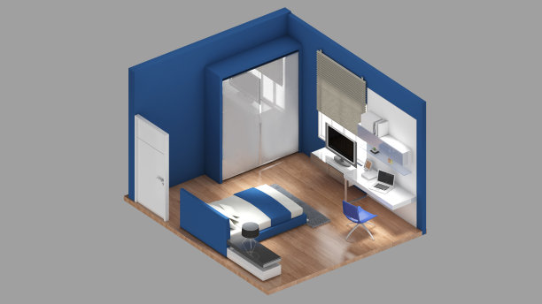 卧室，住宅区的等距视图，3d渲染。图片下载