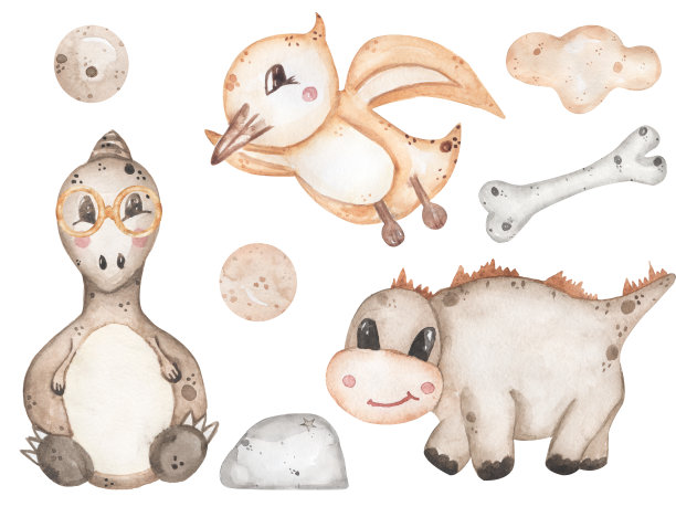 水彩画婴儿恐龙插画，可爱的动物剪纸为托儿所和婴儿淋浴图片下载