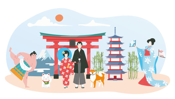 旅游日本，日本旅游景点的对象设置，刻板的传统服装平面矢量插画，孤立在白色。图片下载