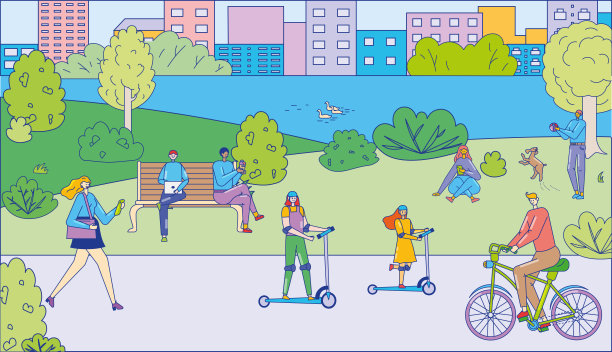 人们一起在公园里散步，夏天活动城市公共花园放松男女性格平矢量插画，孩子们骑滑板车。图片下载
