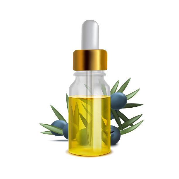 杜松油瓶与叶子的写实风格图片下载