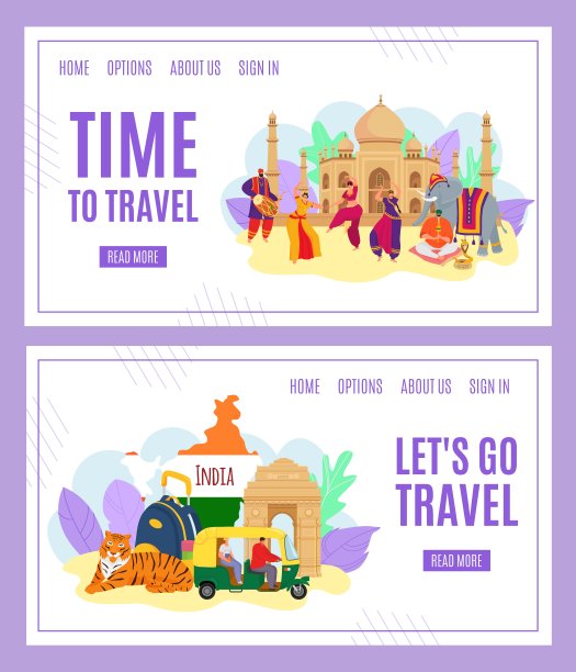 旅行时间到了，印度旅游条幅集合矢量插画。印度具有里程碑意义。印第安人穿着传统服装跳舞。旅游文化图片下载