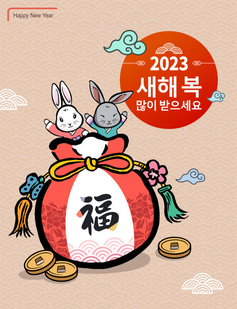 韩国新年。用兔子和幸运袋迎接新年。2023，新年好，韩文翻译。图片下载