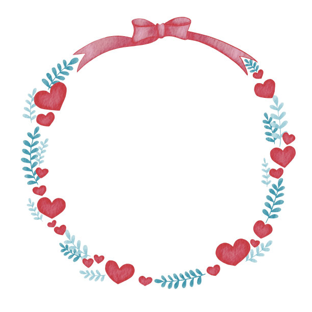 红心，蕨叶和粉红色蝴蝶结花环横幅插图装饰婚礼和情人节。图片下载
