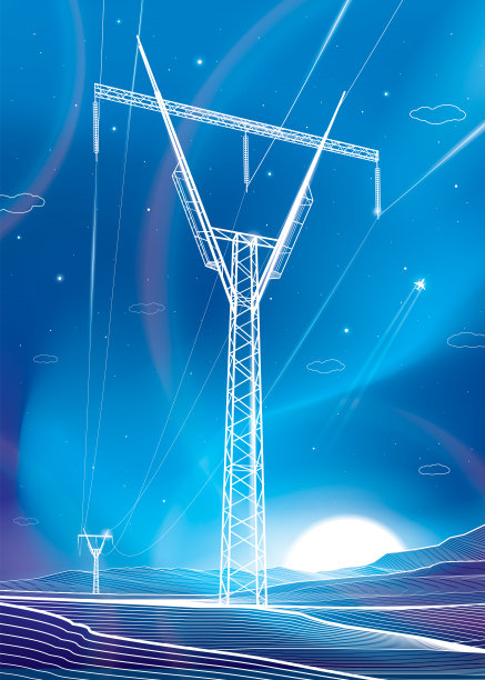 高压传输系统。电杆。氖辉光。晚上的风景。电线。互联电气网络。蓝色背景上的白色otlines。矢量设计插图图片下载
