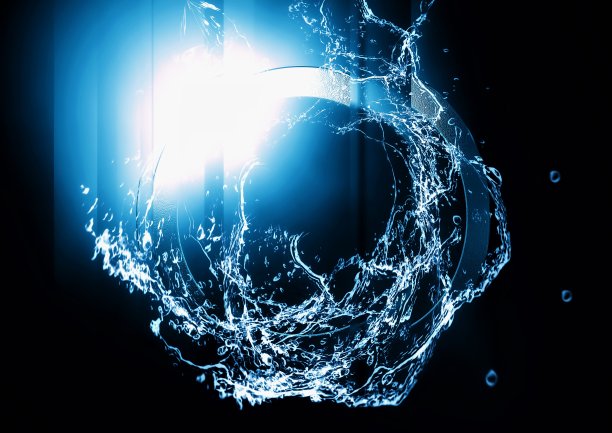结合科学概念的蓝色水花和蓝色光圈的3d插画图片下载