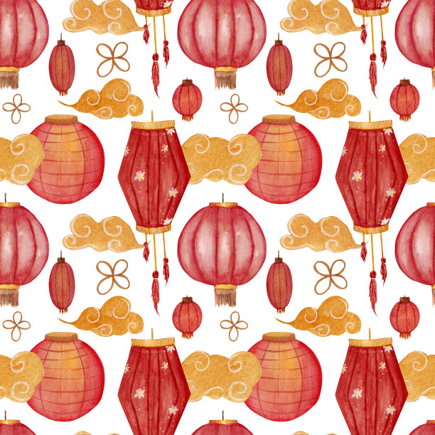 水彩明亮的无缝图案与金色的云和各种灯笼在白色的背景。图片下载