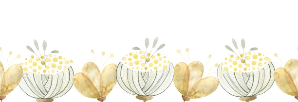 无缝水彩边界金色的花朵，抽象的芽，植物插画图片下载