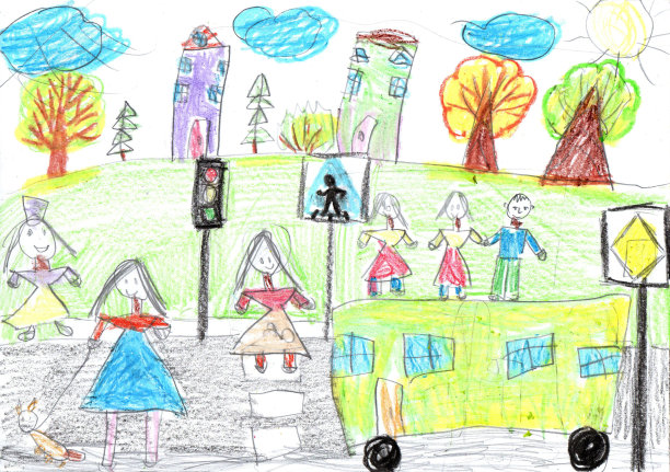 小孩画建筑物和汽车。幸福的一家人在散步。孩子气的铅笔艺术图片下载