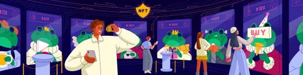 非功能性测试的概念。数字艺术市场，艺术家画廊。虚拟业务，使用不可替代的代币进行交易，区块链。用加密货币购买、支付电子艺术品。平面矢量图图片下载