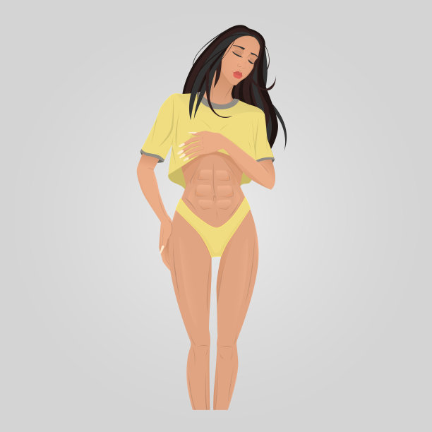 迷人的女运动员，腹部肌肉发达。歪着头，闭着眼睛。艺术绘画，矢量插画，健康生活方式。图片下载