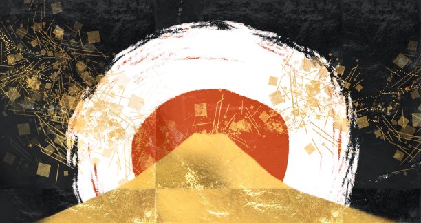 艺术风格的新年插图吉祥富士山用金叶和笔触画在新年的第一个日出图片下载