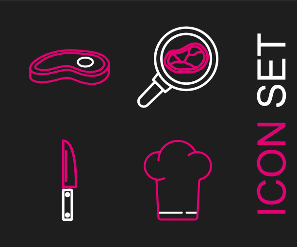 排厨师帽刀牛排肉在煎锅图片下载