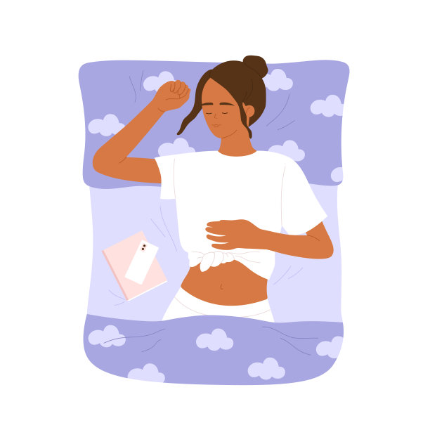 年轻女子睡在床上盖着毯子。女孩睡在舒适的床上，有书和电话。健康睡眠，放松理念。矢量插图在卡通风格。孤立的背景图片下载