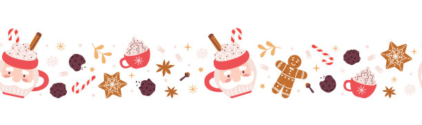 圣诞水平无缝边界与姜饼，马克杯与热巧克力，饼干，棉花糖和拐杖糖。节日图案贺卡，横幅，邀请，纺织品。图片下载