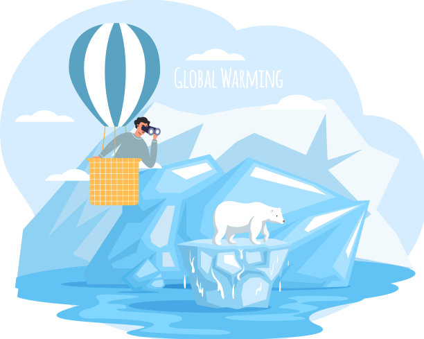一名男子带着双筒望远镜在热气球上飞行，在冰川融化期间观察北极熊图片下载