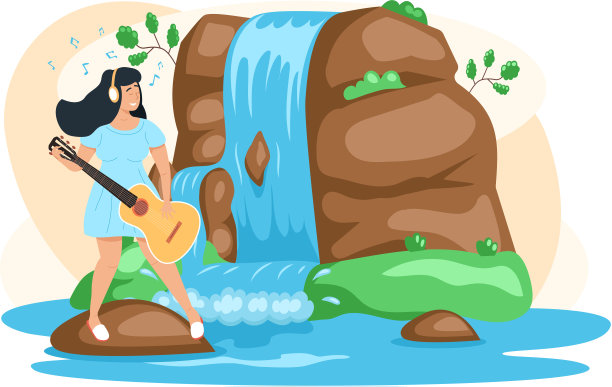 女人坐在大石头上弹吉他，旁边是岩石和瀑布，在自然景观中休息图片下载
